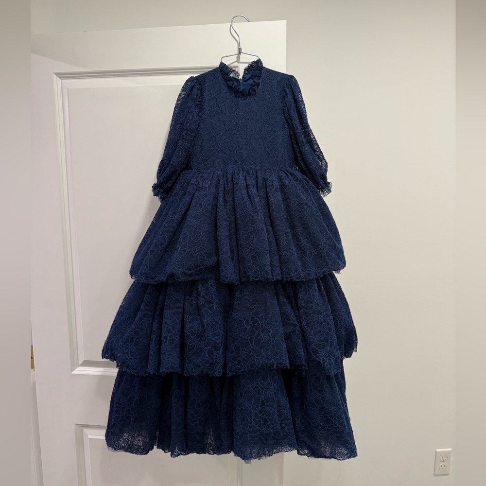 Elegant Navy Tiered Ruffle Lace Dress